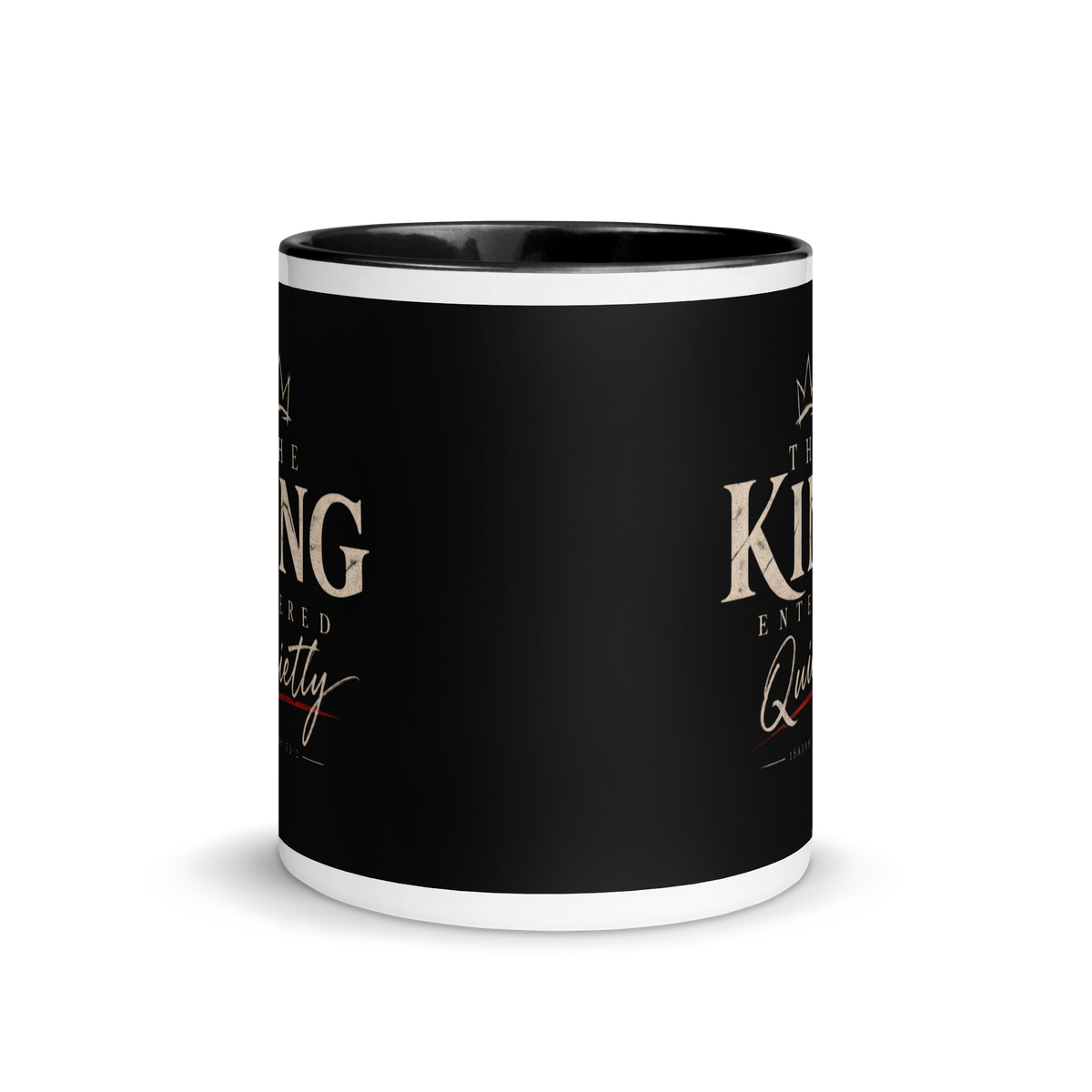 The King Entered Quietly Christian Christmas mug, front product view.
