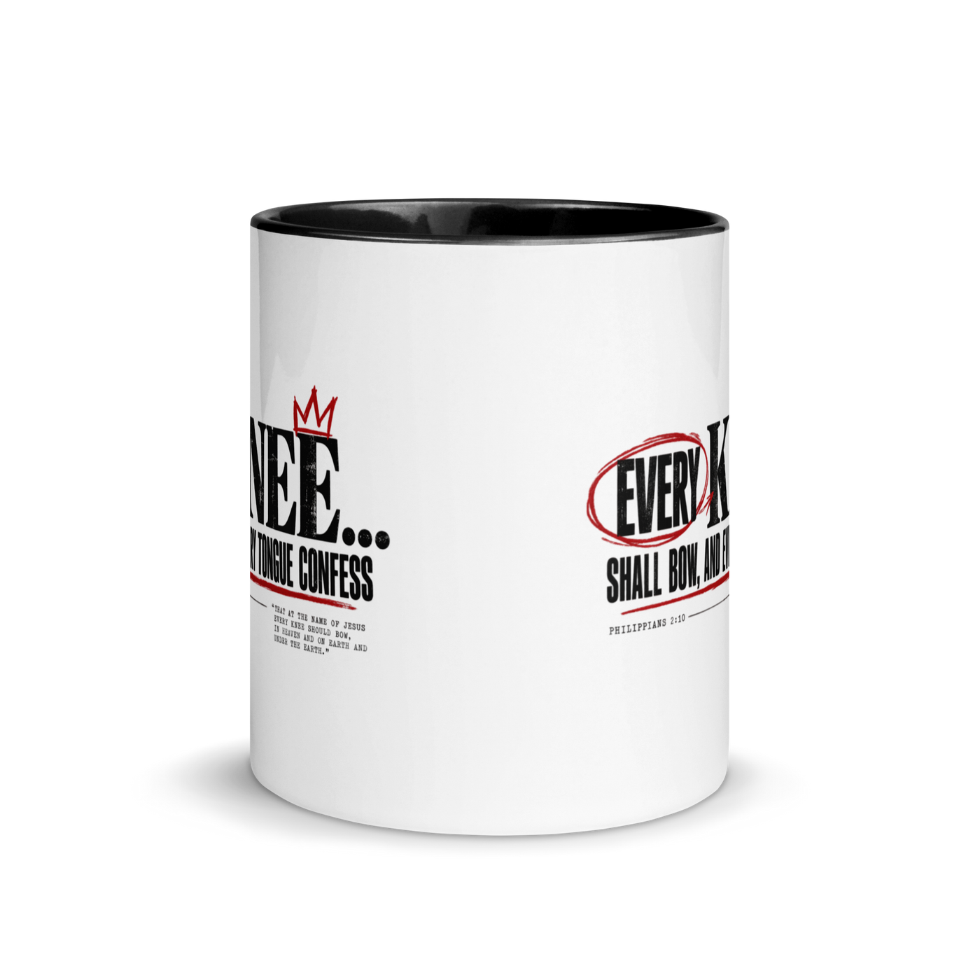 Every Knee Will Bow Christian coffee mug, front product view.