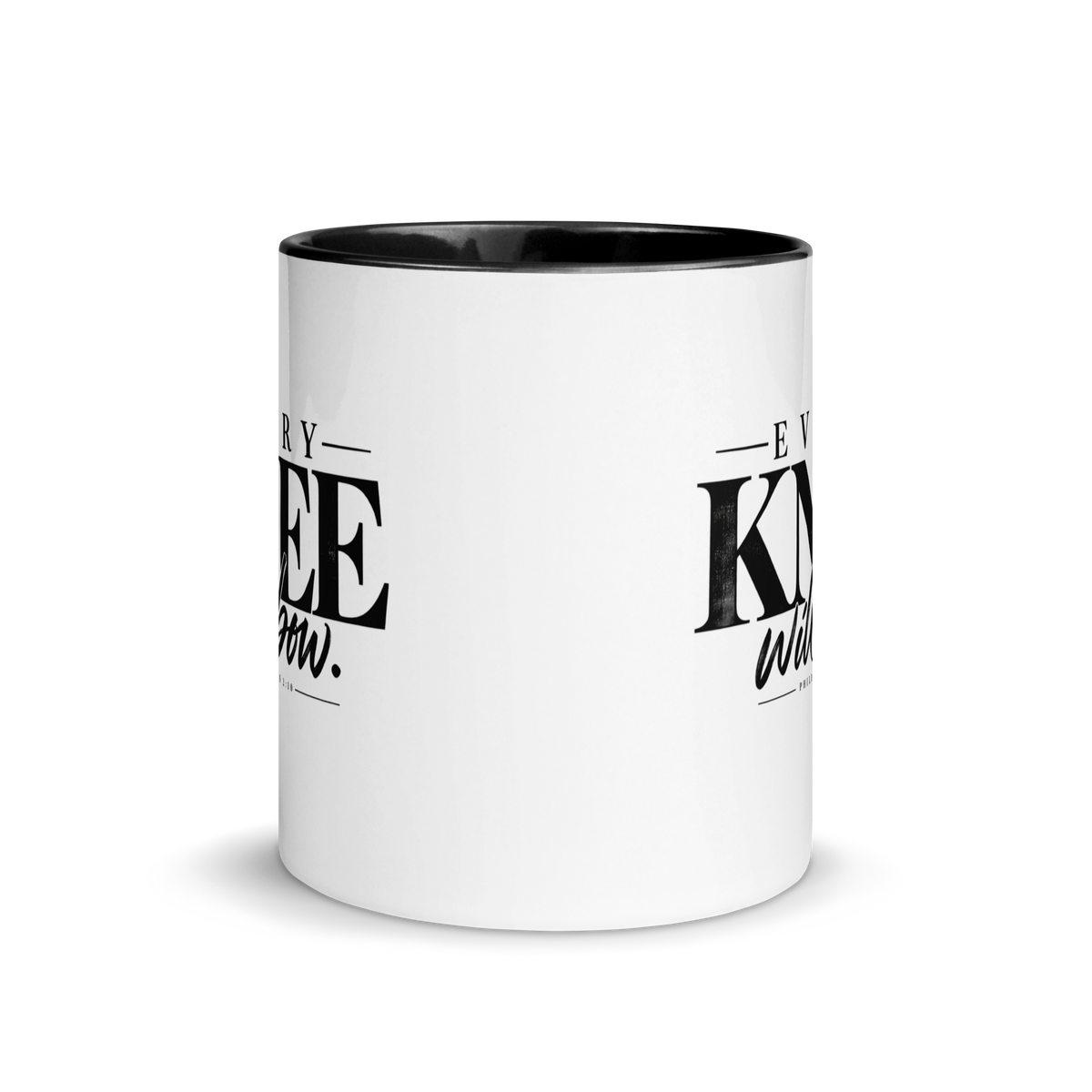 Every Knee Will Bow Christian mug inspired by Philippians 2:10, front product view.