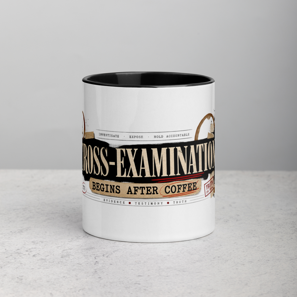 Cross-Examination Begins After Coffee Christian Mug — white, front side. Gospel Noir Christian coffee mug by Heavenly Crafted, Christian gift under $30