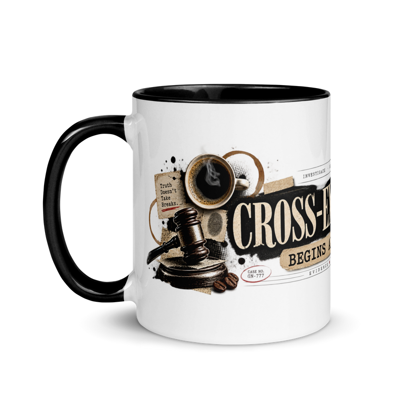 Cross-Examination Begins After Coffee Christian ceramic mug by Gospel Noir, left-side product view.