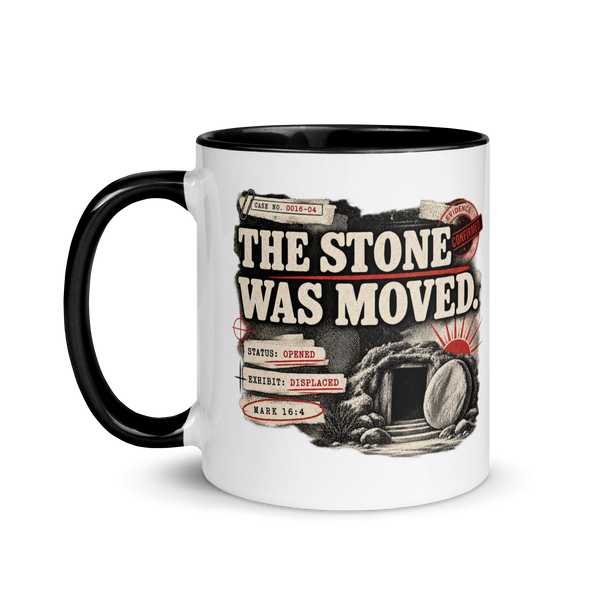 The Stone Was Moved Mark 16:4 Christian resurrection mug, left-side product view.