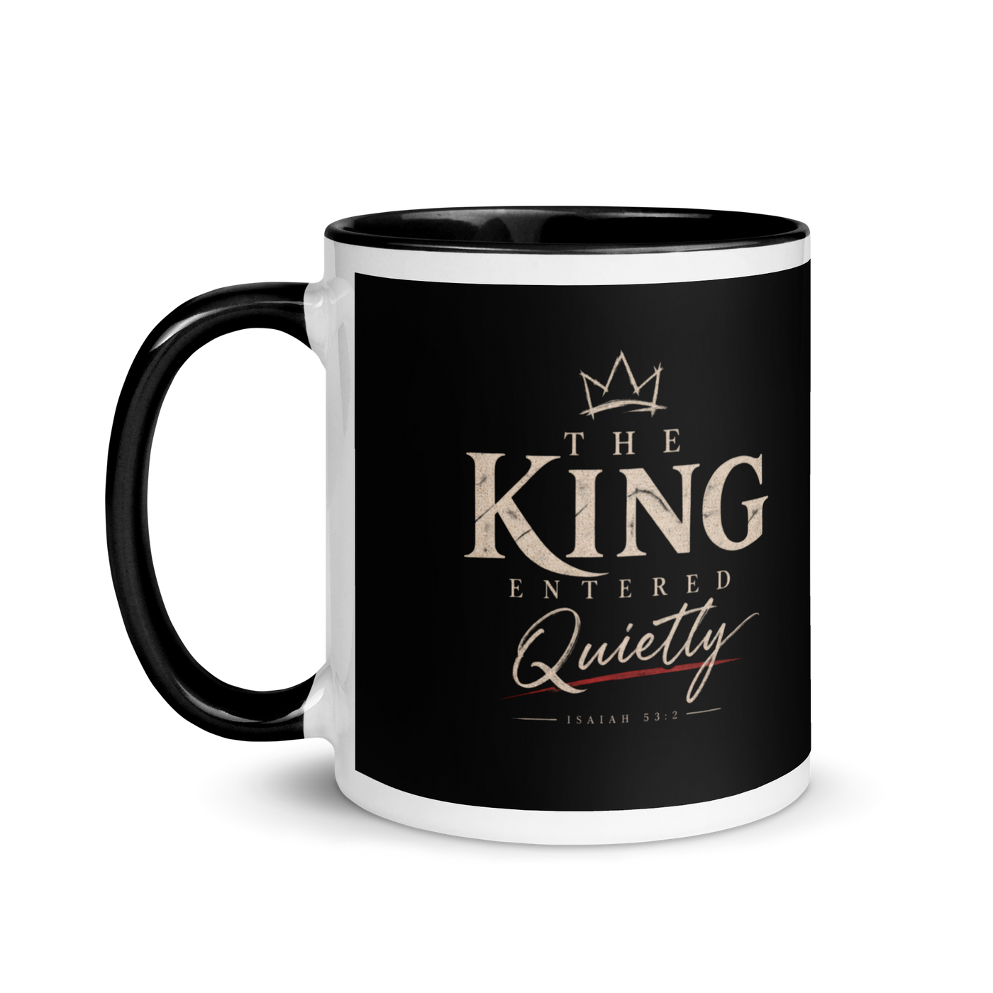 The King Entered Quietly Christian Christmas mug, left-side product view.