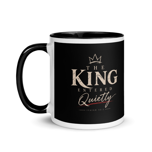 The King Entered Quietly Christian Christmas mug, left-side product view.