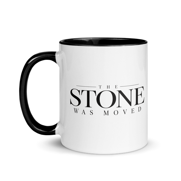 The Stone Was Moved Christian resurrection mug, left-side product view.