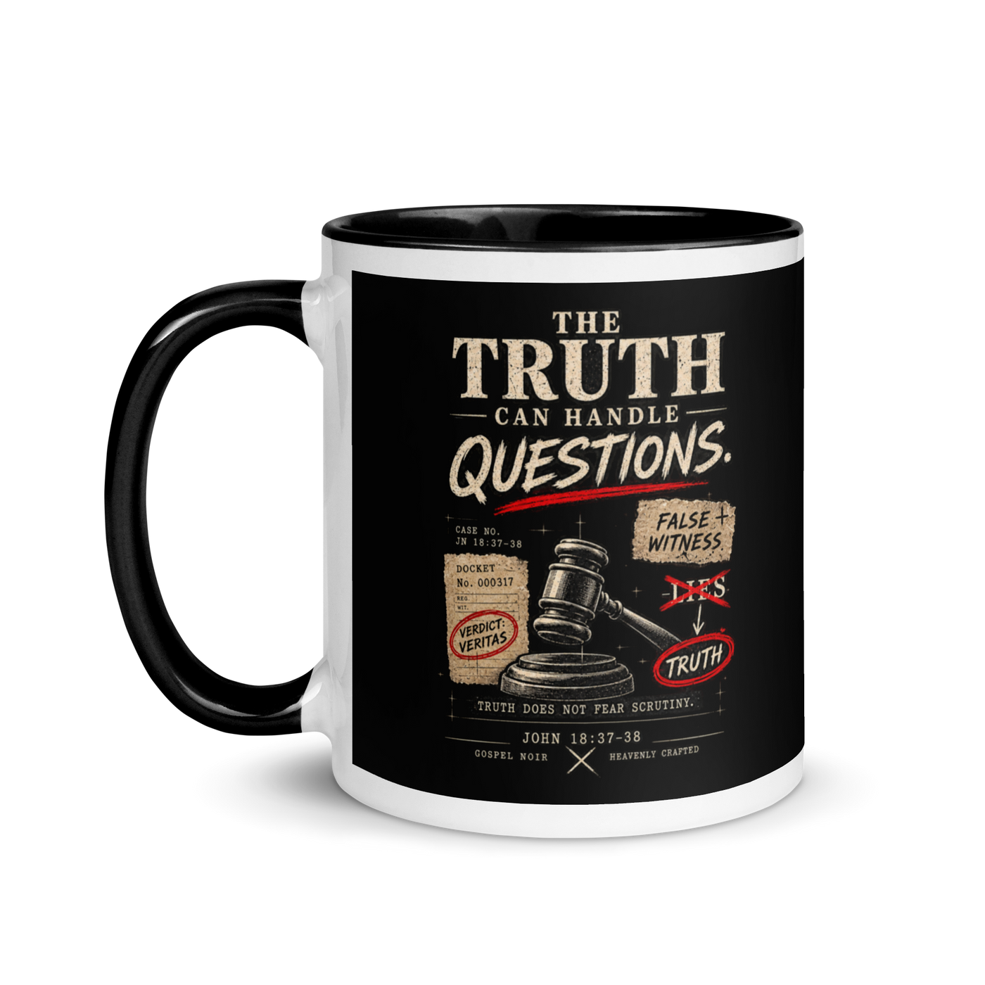 The Truth Can Handle Questions Christian apologetics mug, left-side product view.