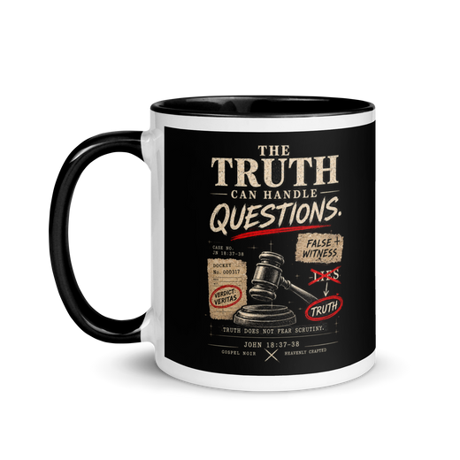 The Truth Can Handle Questions Christian apologetics mug, left-side product view.