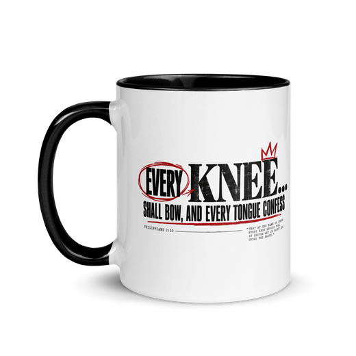 Every Knee Will Bow Christian coffee mug, left-side product view.
