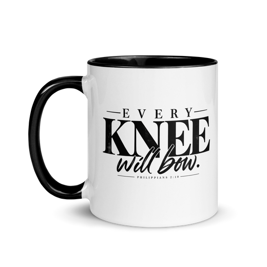 Every Knee Will Bow Christian mug inspired by Philippians 2:10, left-side product view.