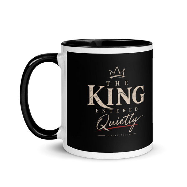 The King Entered Quietly Christian Christmas Mug — white, left side. Gospel Noir Christian coffee mug by Heavenly Crafted, film noir Christian mug