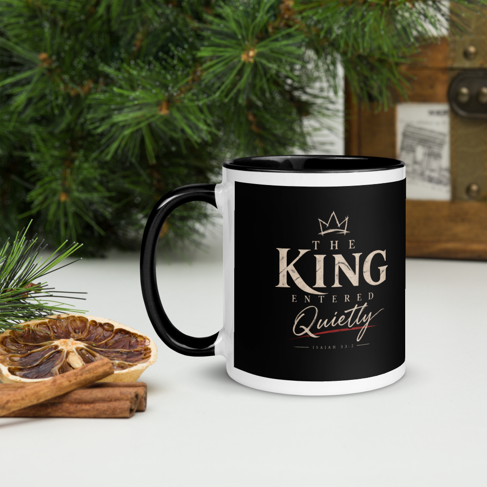 The King Entered Quietly Christian Christmas Mug — white, left side. Gospel Noir Christian coffee mug by Heavenly Crafted, faith-based drinkware