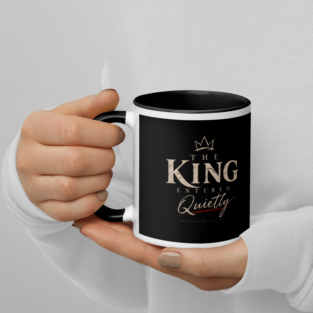 The King Entered Quietly Christian Christmas Mug — white, left side. Gospel Noir Christian coffee mug by Heavenly Crafted, Bible verse coffee mug
