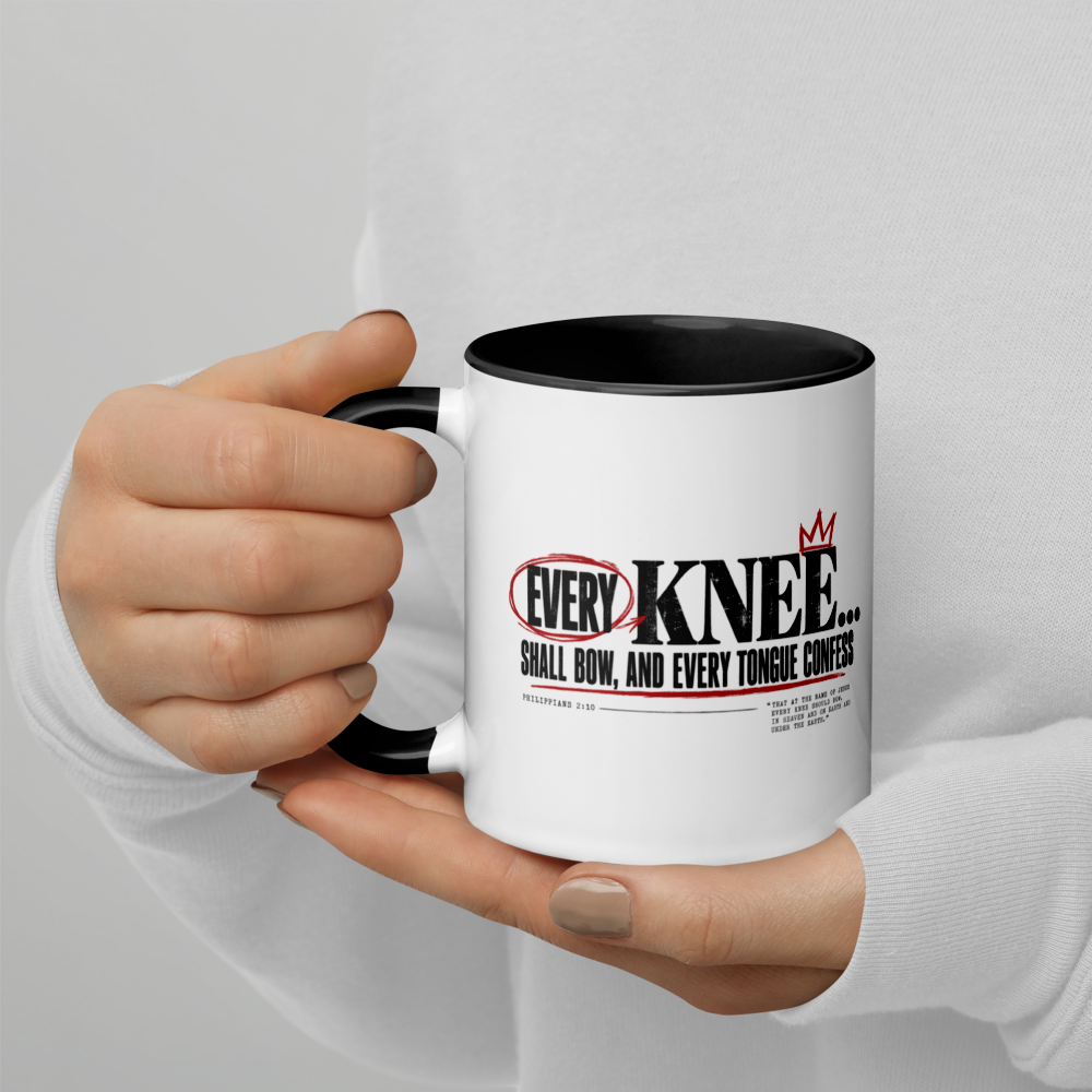 Every Knee Will Bow Christian Mug — Philippians 2:10 Archive Edition — white, left side. Gospel Noir Christian coffee mug by Heavenly Crafted, film noir Christian mug