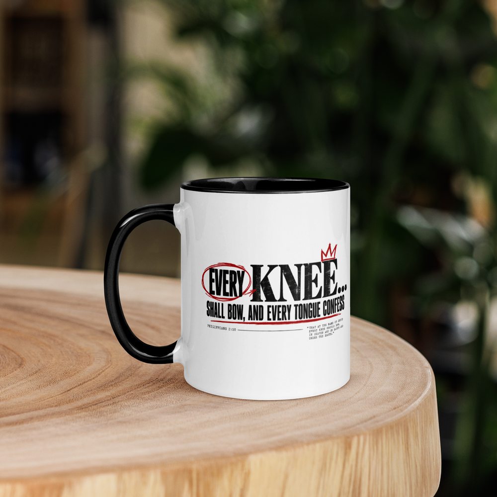 Every Knee Will Bow Christian Mug — Philippians 2:10 Archive Edition — white, left side. Gospel Noir Christian coffee mug by Heavenly Crafted, faith-based drinkware