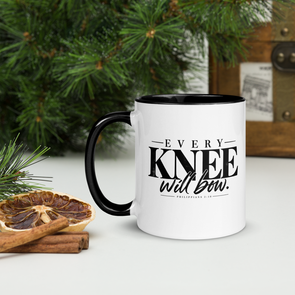 Every Knee Will Bow Christian Mug — Philippians 2:10 — white, left side. Gospel Noir Christian coffee mug by Heavenly Crafted, faith-based drinkware