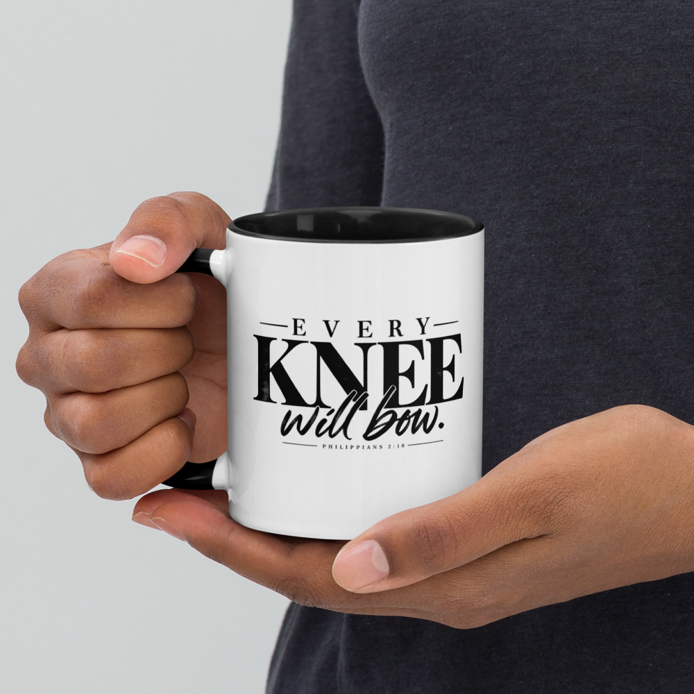 Every Knee Will Bow Christian Mug — Philippians 2:10 — white, left side. Gospel Noir Christian coffee mug by Heavenly Crafted, Bible verse coffee mug