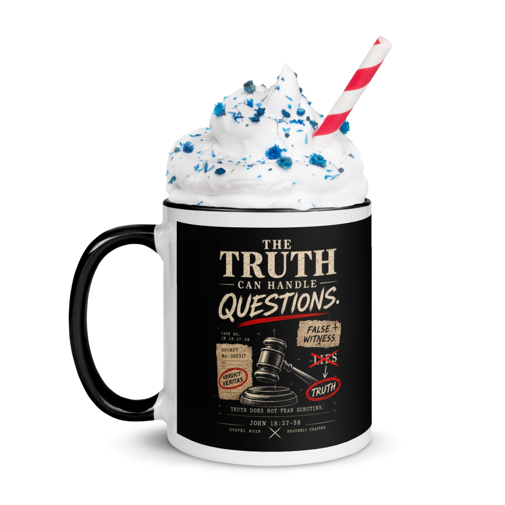 The Truth Can Handle Questions Christian Apologetics Mug — white, left side. Gospel Noir Christian coffee mug by Heavenly Crafted, Christmas Christian gift
