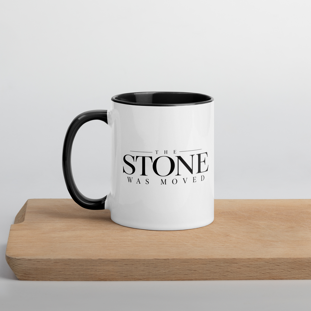 The Stone Was Moved Christian Resurrection Mug — white, left side. Gospel Noir Christian coffee mug by Heavenly Crafted, film noir Christian mug
