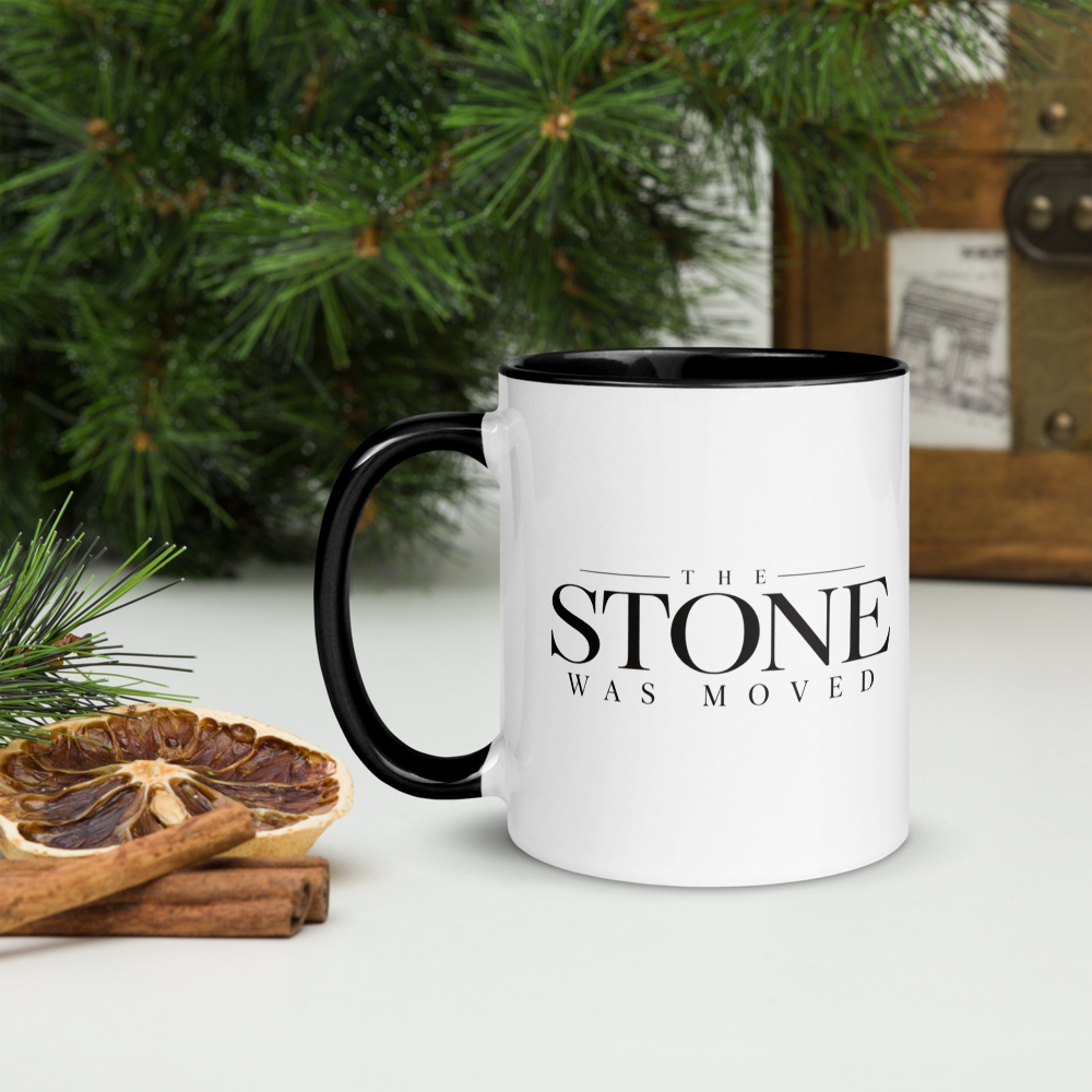The Stone Was Moved Christian Resurrection Mug — white, left side. Gospel Noir Christian coffee mug by Heavenly Crafted, Christian gift under $30