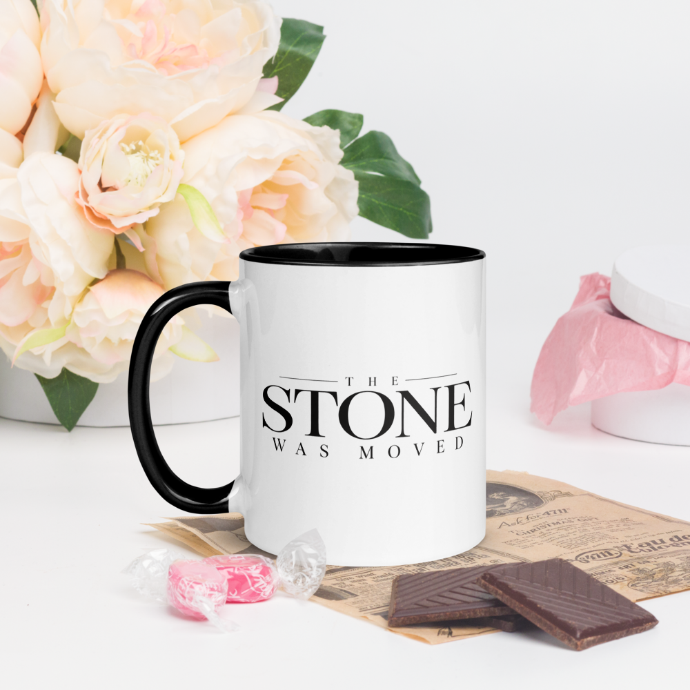 The Stone Was Moved Christian Resurrection Mug — white, left side. Gospel Noir Christian coffee mug by Heavenly Crafted, Bible verse coffee mug