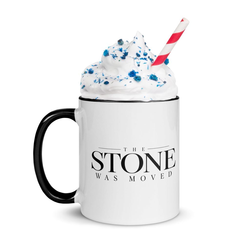 The Stone Was Moved Christian Resurrection Mug — white, left side. Gospel Noir Christian coffee mug by Heavenly Crafted, Bible verse coffee mug