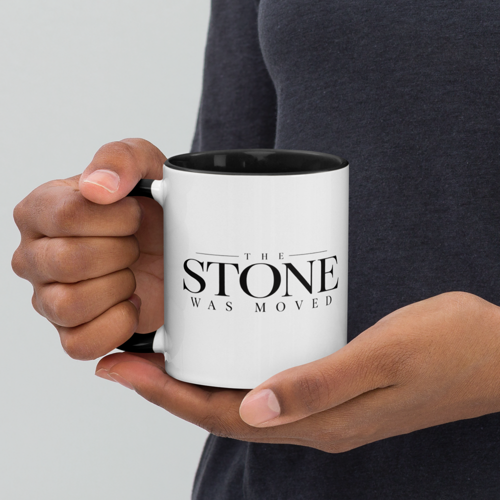 The Stone Was Moved Christian Resurrection Mug — white, left side. Gospel Noir Christian coffee mug by Heavenly Crafted, faith-based drinkware