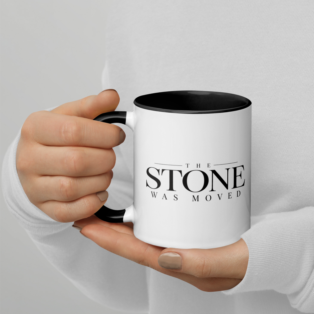 The Stone Was Moved Christian Resurrection Mug — white, left side. Gospel Noir Christian coffee mug by Heavenly Crafted, faith-based drinkware