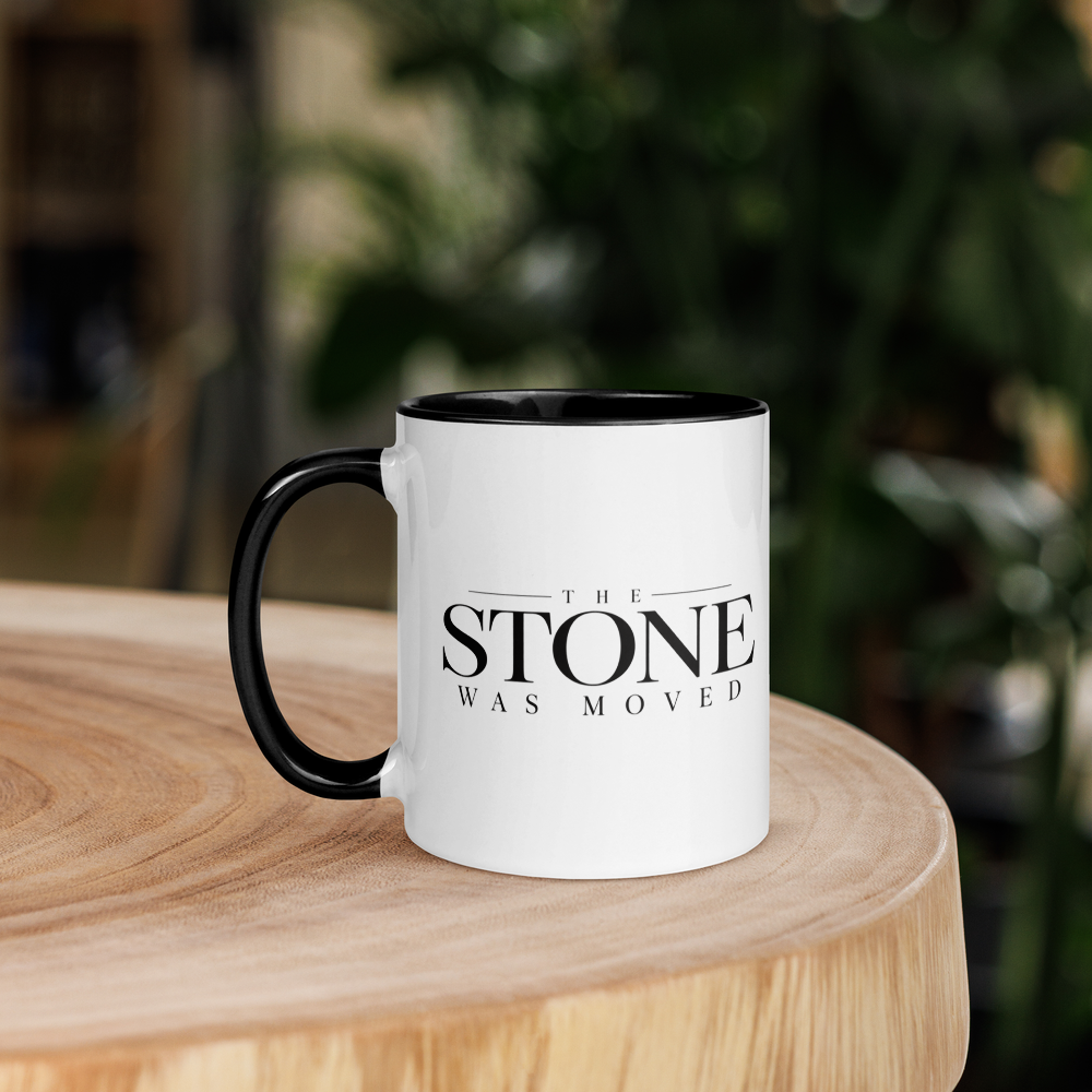 The Stone Was Moved Christian Resurrection Mug — white, left side. Gospel Noir Christian coffee mug by Heavenly Crafted, Christmas Christian gift