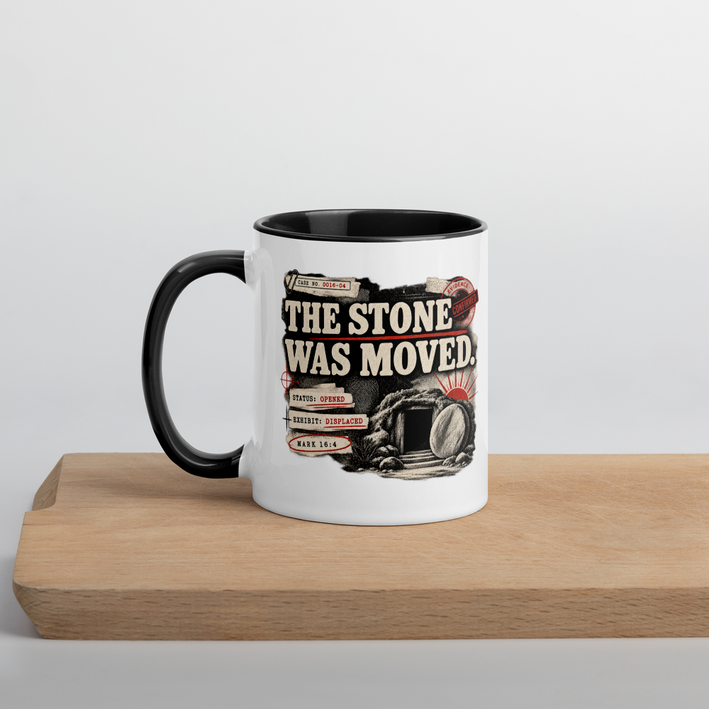 The Stone Was Moved Christian Resurrection Mug — Mark 16:4 — white, left side. Gospel Noir Christian coffee mug by Heavenly Crafted, film noir Christian mug