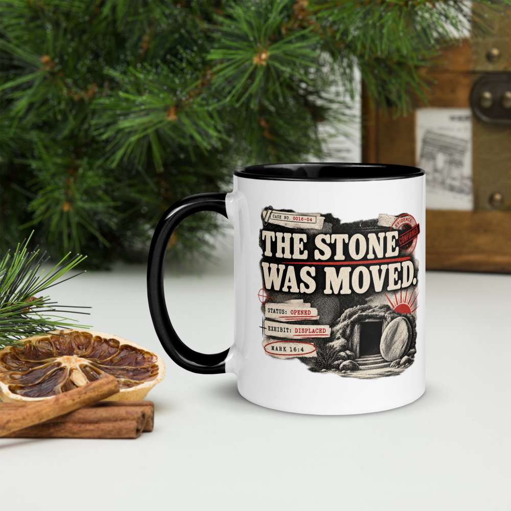 The Stone Was Moved Christian Resurrection Mug — Mark 16:4 — white, left side. Gospel Noir Christian coffee mug by Heavenly Crafted, faith-based drinkware