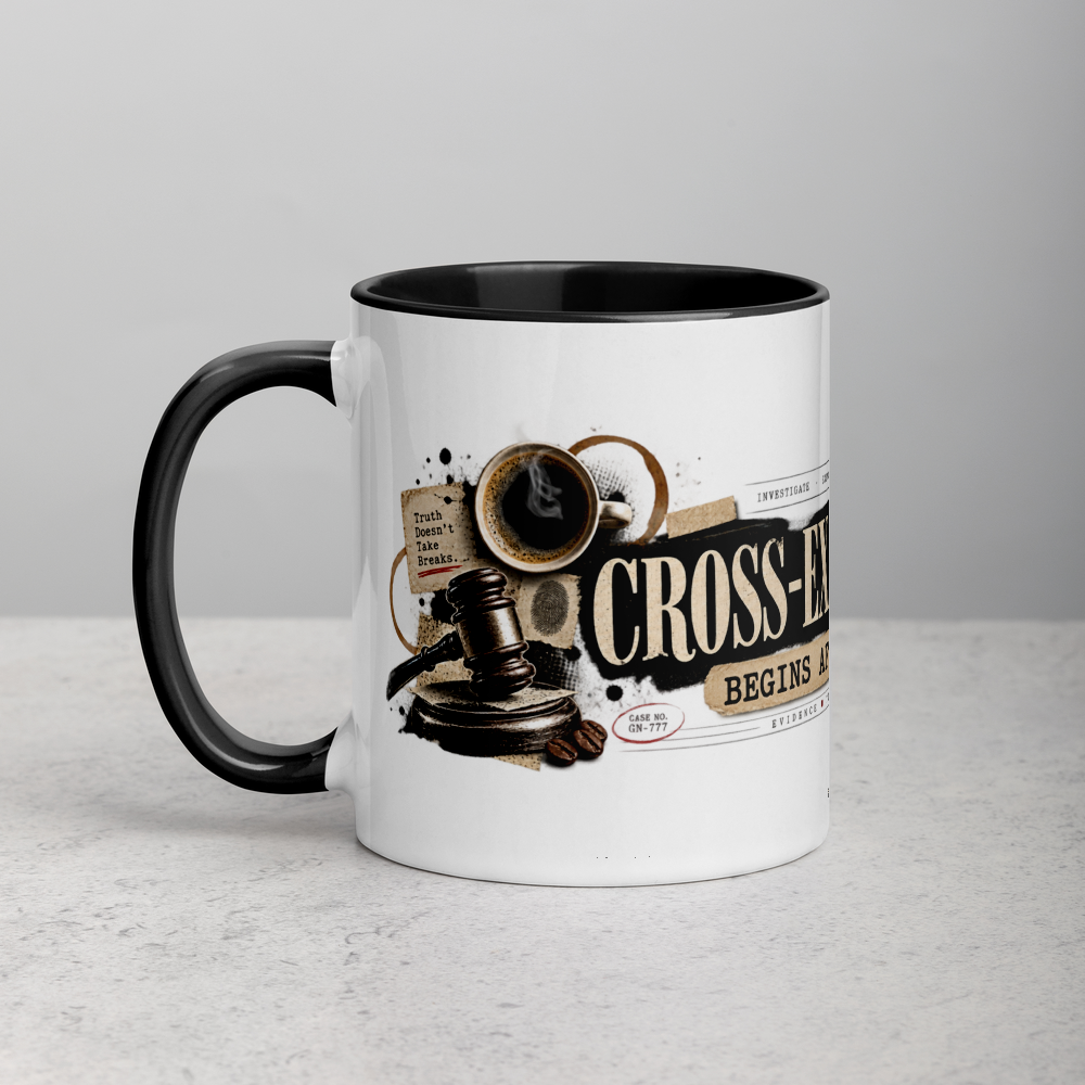 Cross-Examination Begins After Coffee Christian Mug — white, left side. Gospel Noir Christian coffee mug by Heavenly Crafted, film noir Christian mug