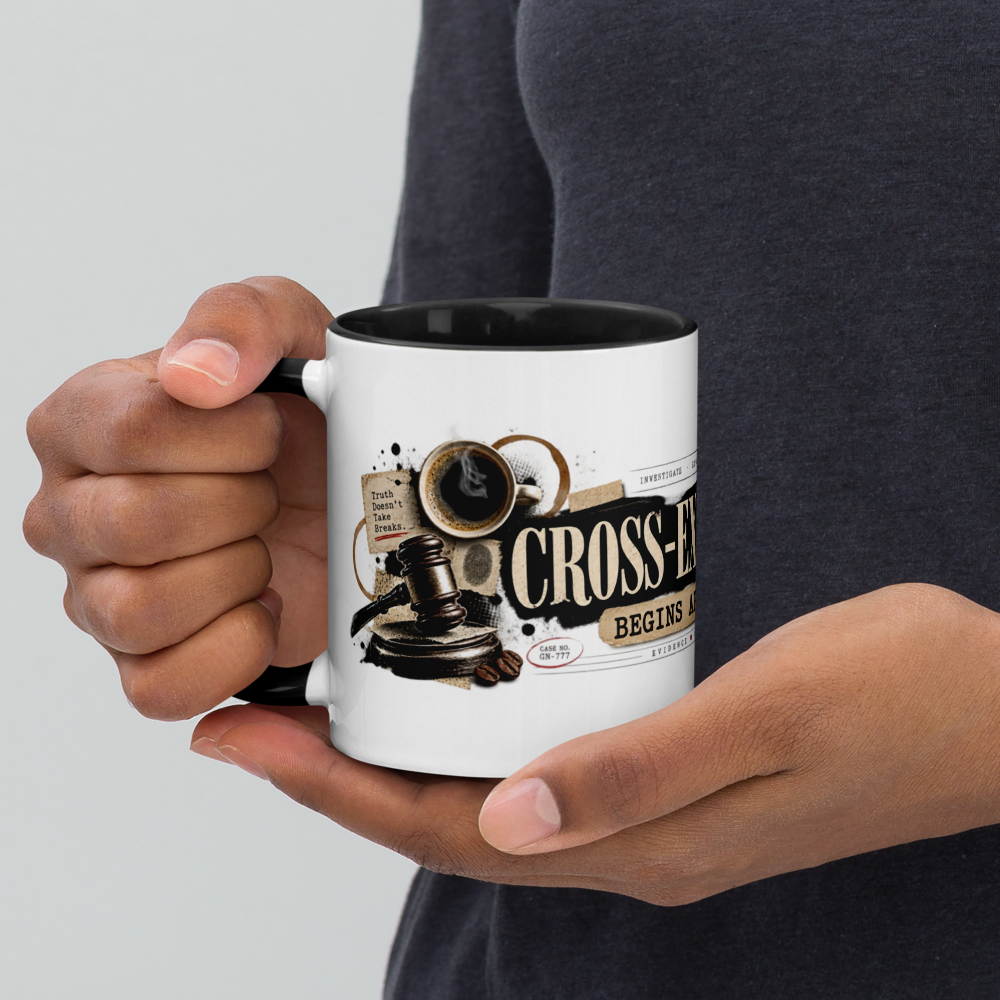 Cross-Examination Begins After Coffee Christian Mug — white, left side. Gospel Noir Christian coffee mug by Heavenly Crafted, Bible verse coffee mug