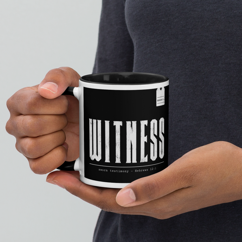 Witness Hebrews 12:1 Christian Mug – Black & White 11 oz — white, left side. Gospel Noir Christian coffee mug by Heavenly Crafted, Christmas Christian gift