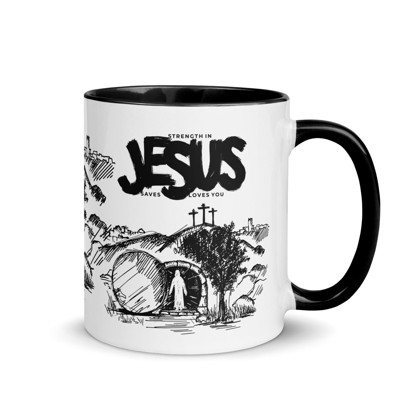 Jesus Saves You Black Accent Christian Mug – 11 oz & 15 oz — white, side view