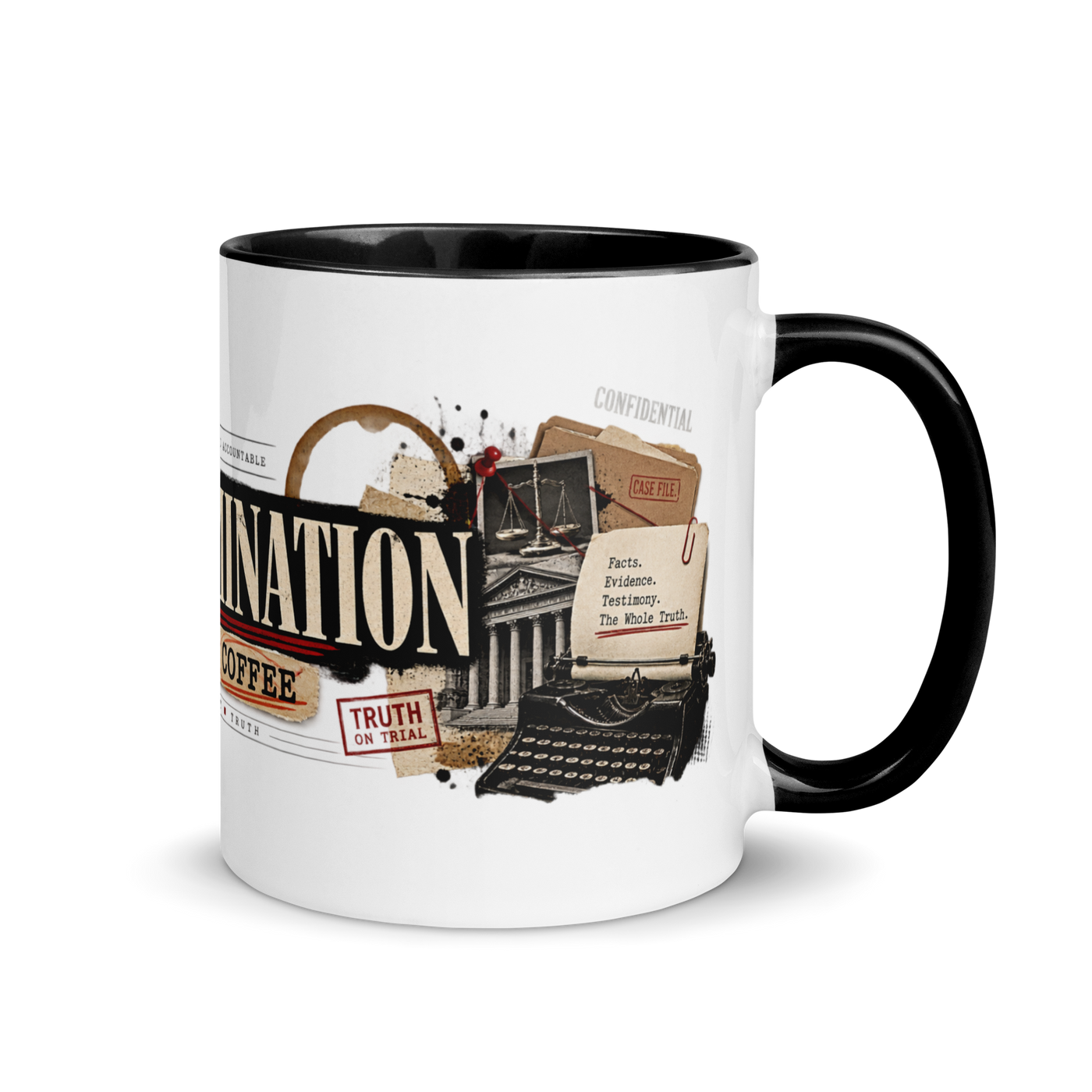 Cross-Examination Begins After Coffee Christian ceramic mug by Gospel Noir, right-side product view.