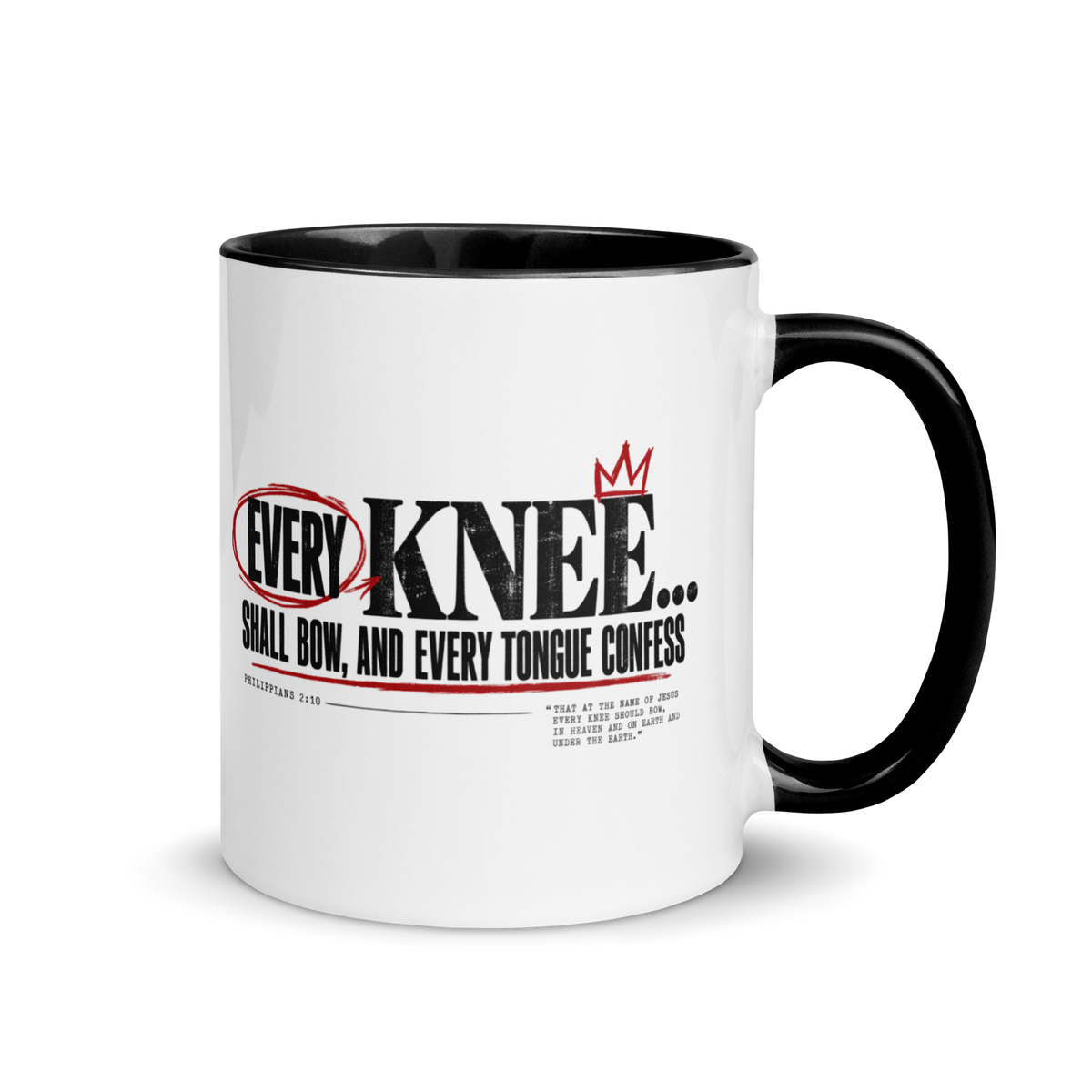Every Knee Will Bow Christian coffee mug, right-side product view.