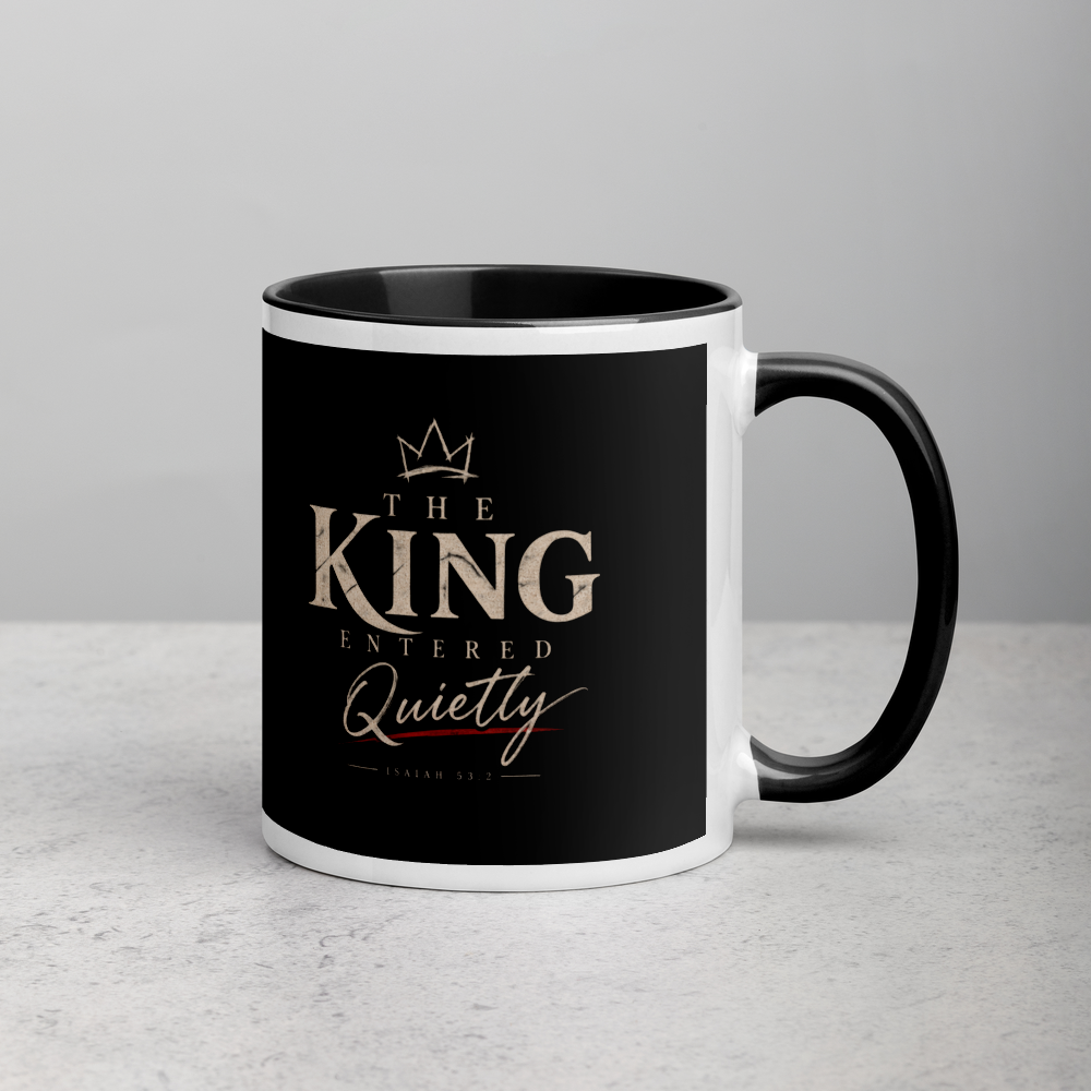 The King Entered Quietly Christian Christmas Mug — white, right side. Gospel Noir Christian coffee mug by Heavenly Crafted, Christmas Christian gift