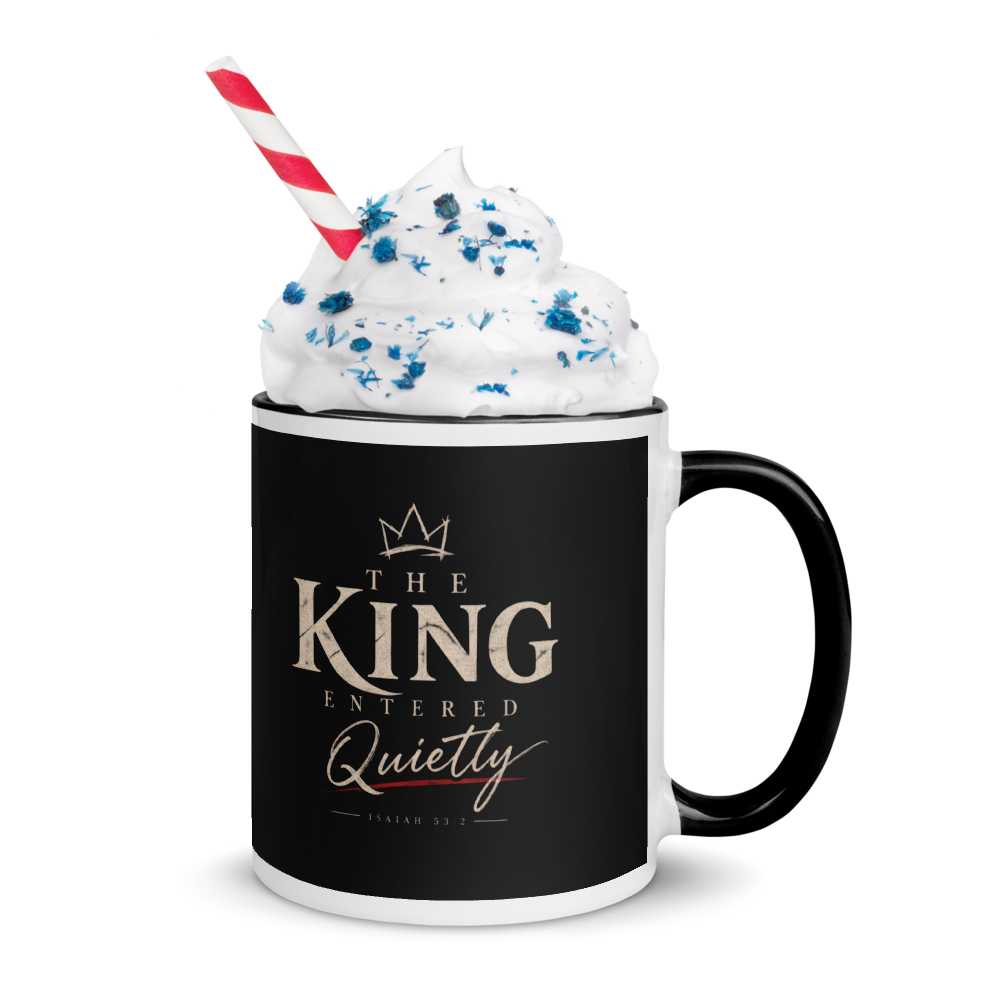 The King Entered Quietly Christian Christmas Mug — white, right side. Gospel Noir Christian coffee mug by Heavenly Crafted, Christian gift under $30