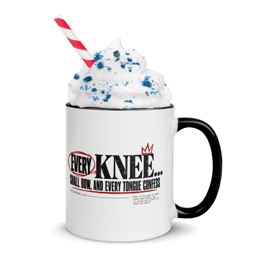Every Knee Will Bow Christian Mug — Philippians 2:10 Archive Edition — white, right side. Gospel Noir Christian coffee mug by Heavenly Crafted, Bible verse coffee mug