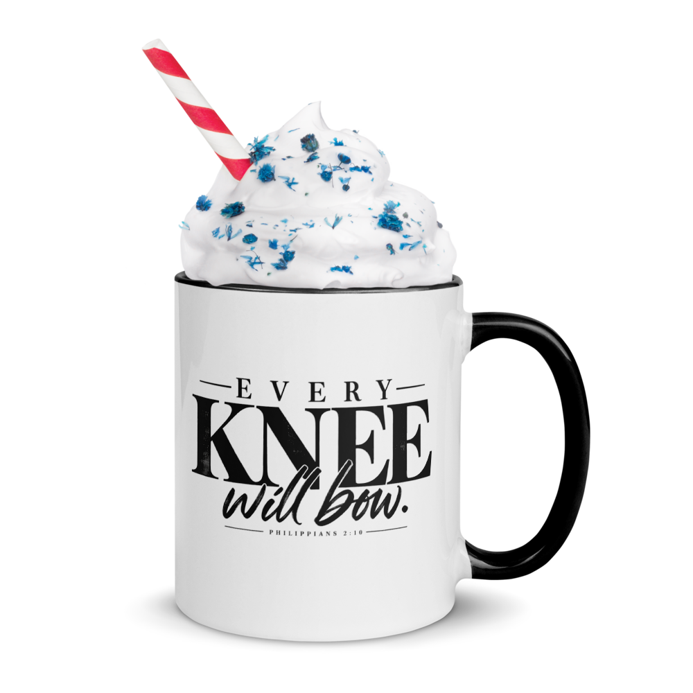 Every Knee Will Bow Christian Mug — Philippians 2:10 — white, right side. Gospel Noir Christian coffee mug by Heavenly Crafted, Christian gift under $30