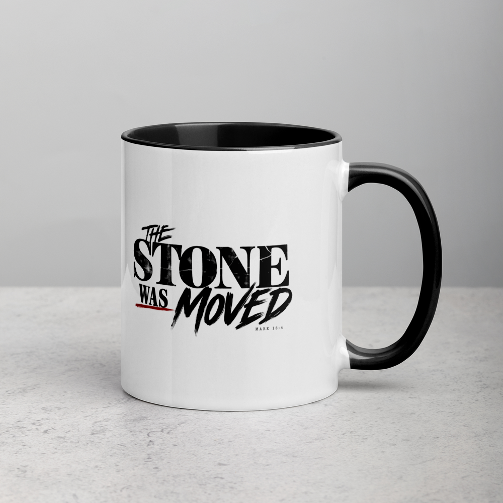 The Stone Was Moved Christian Resurrection Mug — white, right side. Gospel Noir Christian coffee mug by Heavenly Crafted, faith-based drinkware