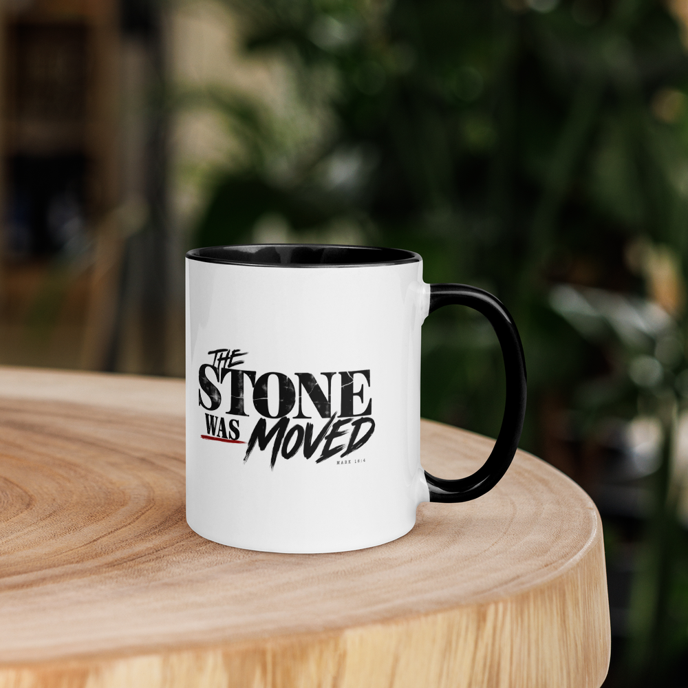 The Stone Was Moved Christian Resurrection Mug — white, right side. Gospel Noir Christian coffee mug by Heavenly Crafted, Bible verse coffee mug