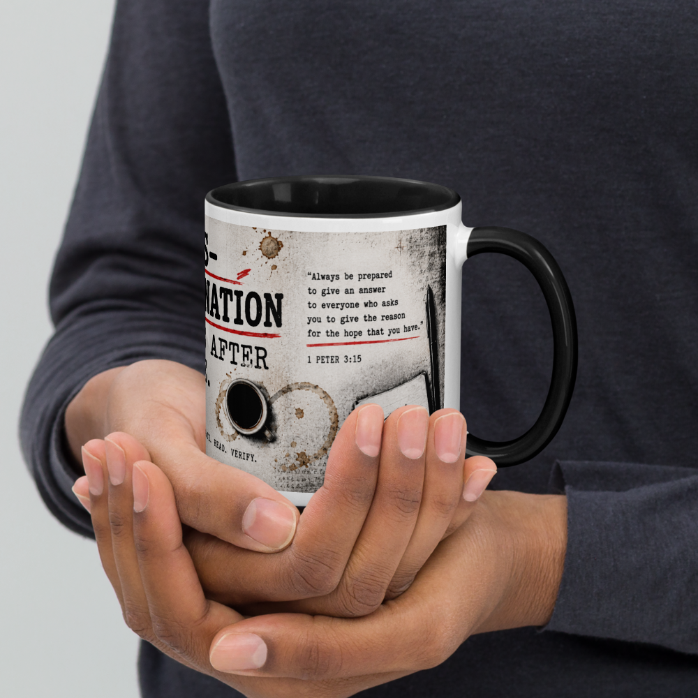 Christian Evidence & Biblical Archaeology Mug — white, right side. Gospel Noir Christian coffee mug by Heavenly Crafted, Christmas Christian gift