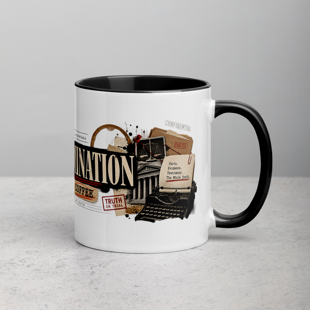 Cross-Examination Begins After Coffee Christian Mug — white, right side. Gospel Noir Christian coffee mug by Heavenly Crafted, Christmas Christian gift