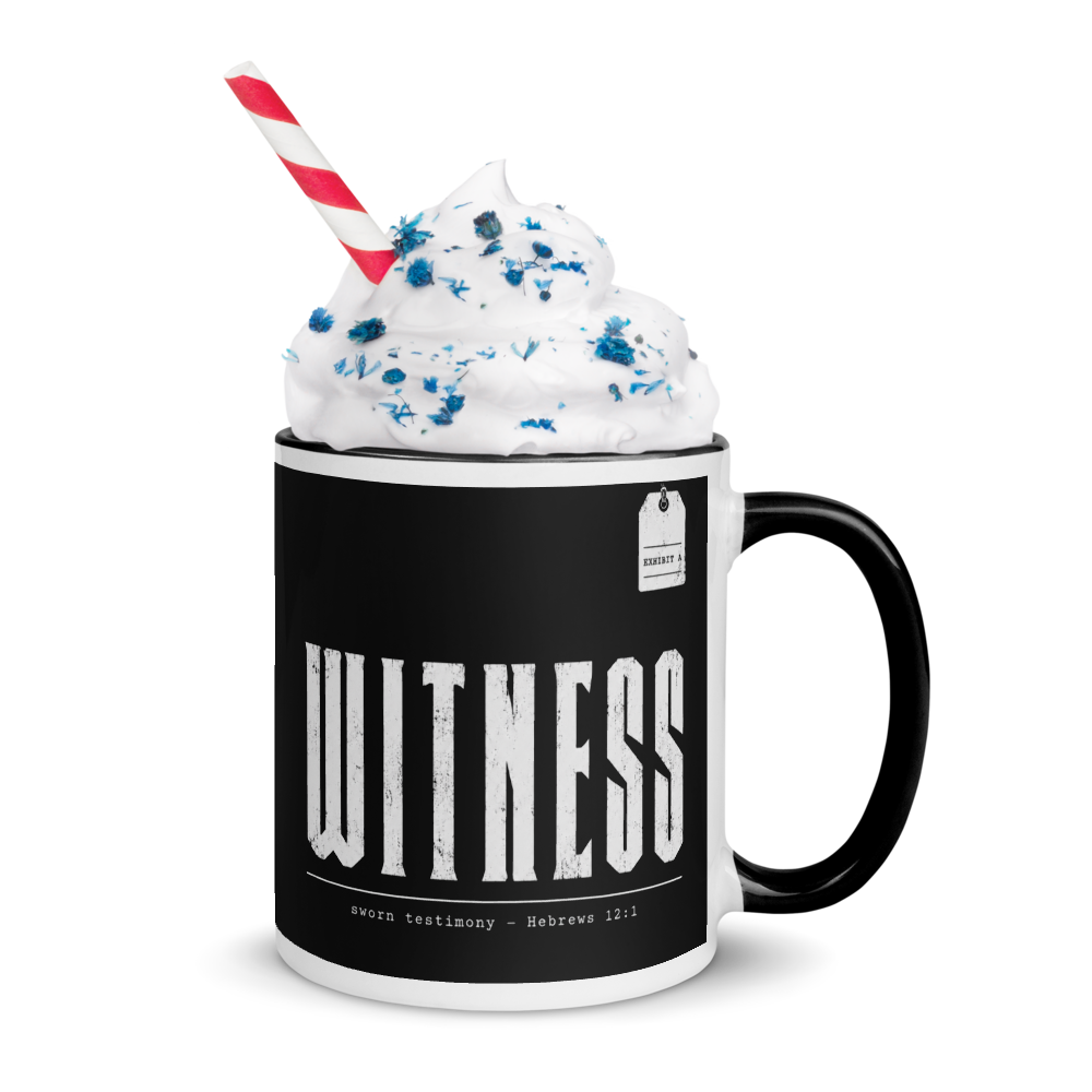 Witness Hebrews 12:1 Christian Mug – Black & White 11 oz — white, right side. Gospel Noir Christian coffee mug by Heavenly Crafted, Bible verse coffee mug