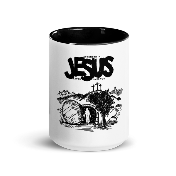 Jesus Saves You Black Accent Christian Mug – 11 oz & 15 oz — white, front view