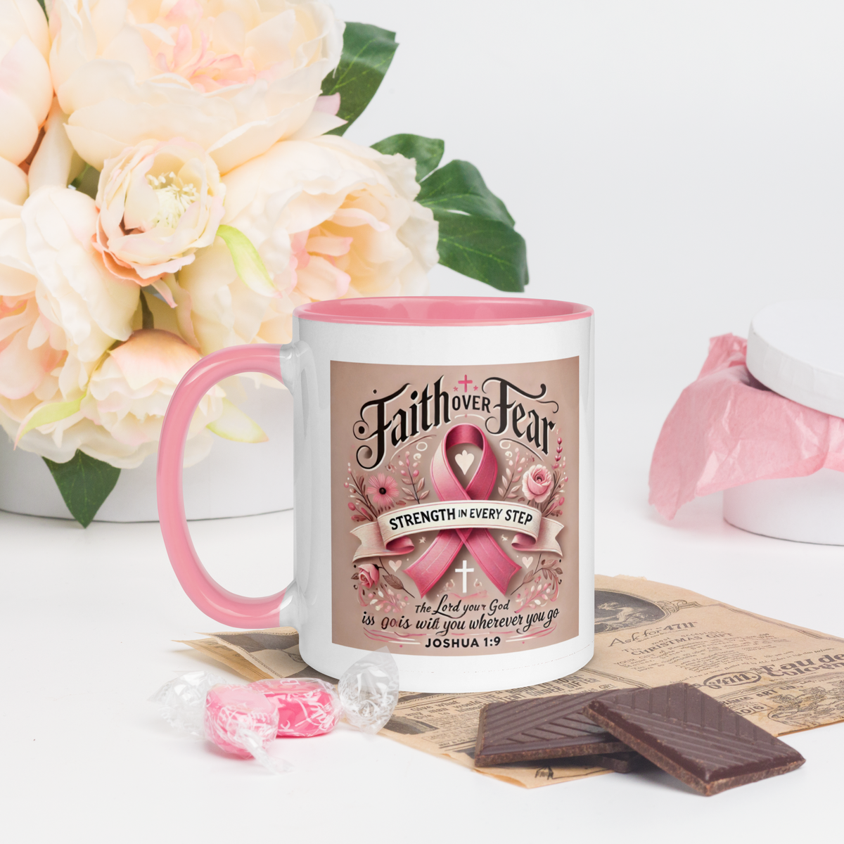Breast Cancer Awareness Joshua 1:9 Christian Mug – 11 oz — white, product view 2
